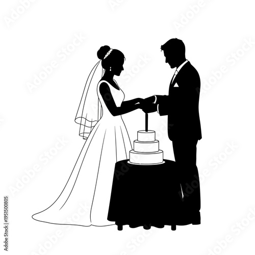 Bride and groom cutting wedding cake.