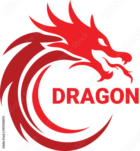 Red dragon logo, mythical creature icon, dragon head silhouette, fiery beast emblem