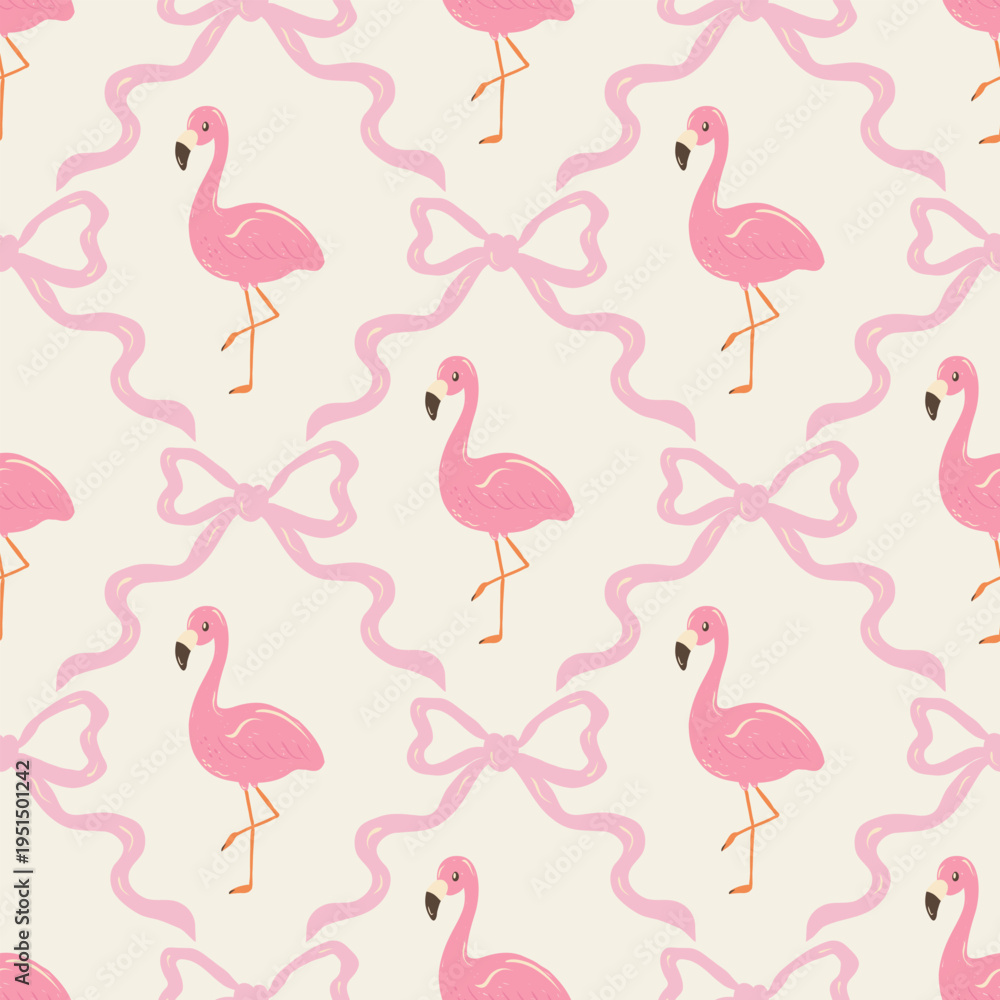 Obraz premium Cute seamless pattern with bows and flamingo. Summer hand drawn print. Vintage illustration.