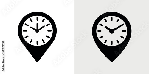 Black and white clock in location pin shapes map marker
