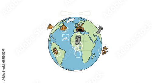 Global travel and exploration concept with famous world landmarks on a cartoon earth globe, representing international tourism and adventure.