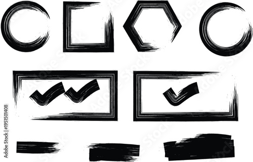 Grunge Brush Stroke Vector Set with Hand Drawn Ink Frames and Checkmarks for Graphic Design
