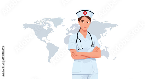 Illustration of a confident nurse standing with arms crossed against a world map background