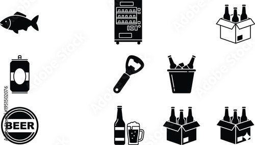 Black and white beer beverage icons collection featuring bottles, cans, mugs, vending machine, opener, ice bucket, packaging boxes, and related drink symbols for bar industry