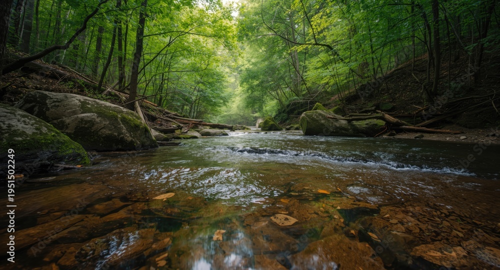 Fototapeta premium Peaceful mountain environment with forest canopy and clear flowing stream