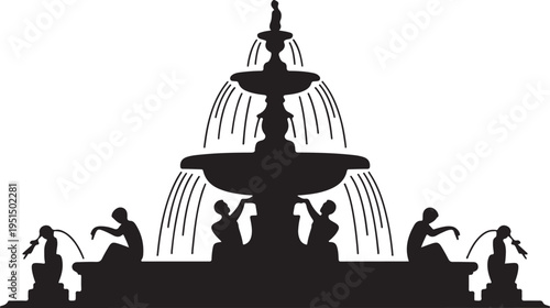 Black silhouette fountain with six human figures and water spouts