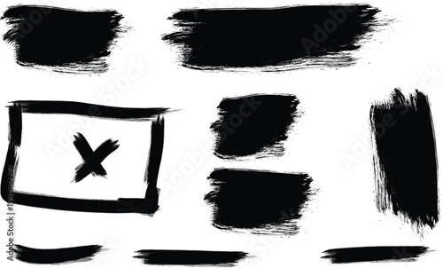 Grunge Brush Stroke Vector Set with Hand Drawn Ink Smudges and Frame for Graphic Design