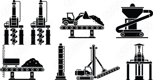 Black and white industrial construction machinery icons set featuring drilling machines, conveyor belts, 