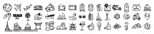 Summer travel icon set, vector hand drawn vacation doodle sign, adventure journey activities symbols. Tropical beach rest, transport plane line simple landmark illustration. Cruise tour travel icon