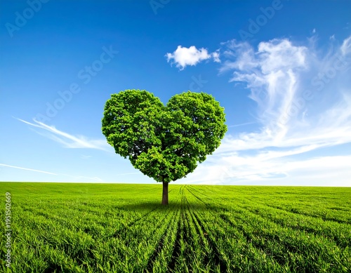 Heart-shaped tree in a field under a vibrant sky