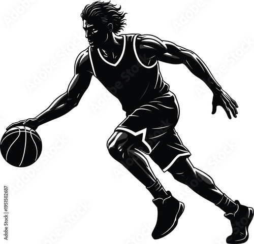 Basketball player dribbling ball silhouette, professional athlete action pose, street basketball sport, dynamic movement, training, competition illustration design