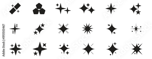 Collection of different vector sparkling stars icon, decorative twinkle and bursts forms, abstract shining flash symbols, glowing light effect.