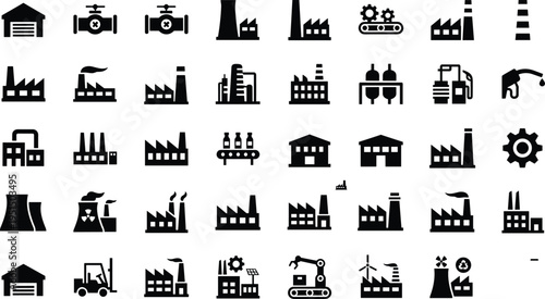 Collection of 40 black industrial icons featuring factories, energy plants, conveyor belts, robotic arms, wind turbines, warehouses, forklifts, oil refineries, and fuel pumps for engineering design.