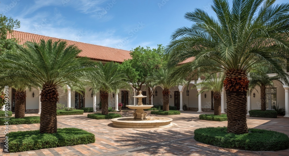 Obraz premium Public courtyard featuring palm tree clusters and traditional house restoration