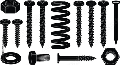 Collection of assorted hardware fasteners including screws, bolts, nuts, washer, spring, and nail for construction, mechanical assembly, repair, and DIY projects