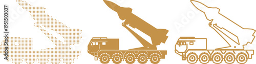 Missile launcher graphic representations in gold on white background rocket military