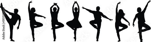 Ballet dancer silhouettes collection, graceful dance poses vector set isolated artistic performers movement illustration