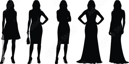 Elegant women silhouette collection, female fashion models standing poses, stylish dress outfits, beauty, glamour, modern fashion illustration set