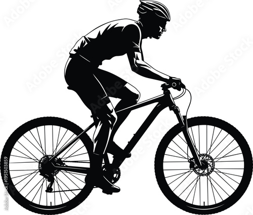 Cyclist riding mountain bike silhouette, professional cycling athlete training, outdoor sport activity, biking fitness, competitive race concept illustration