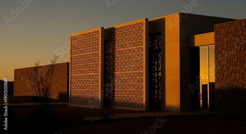 Modern Architectural Design with Geometric Patterns and Sunlight.