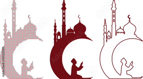 Mosque And Worshipper In Burgundy In Three Styles recolor