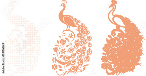 Peacock Silhouette Collection with Floral Elements colored patterns