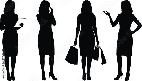 Elegant women silhouette set, female lifestyle poses drinking coffee, shopping bags, talking gesture, modern fashion woman illustration collection