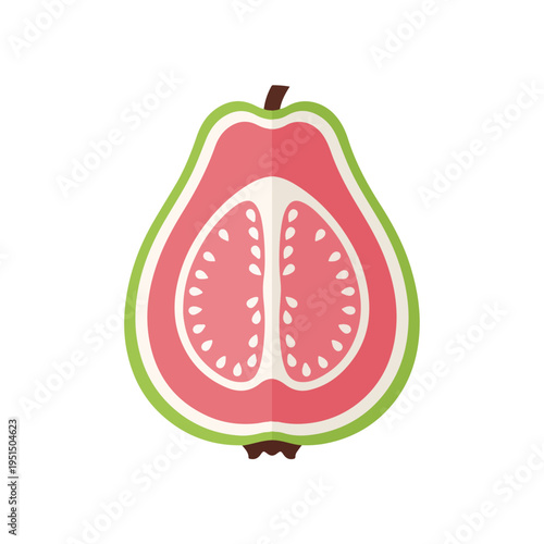 Illustration of a cut guava fruit with pink pulp and green skin on a white background.