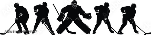 Ice hockey player silhouettes collection, skaters and goalie with stick and puck action poses, winter sport illustration set