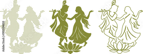 Radha Krishna Dancing On Lotus Flower In Green vector illustration