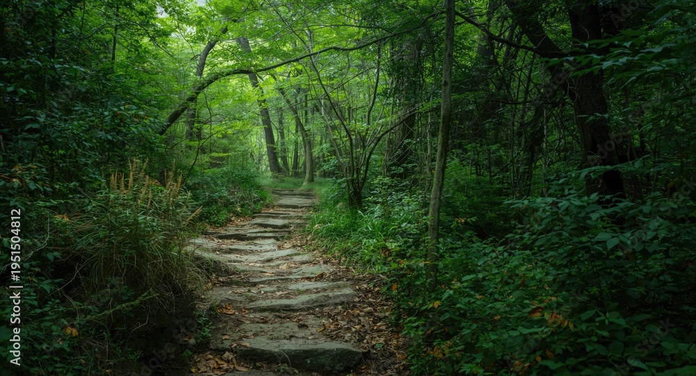 Fototapeta premium Peaceful stone trail amid dense foliage in a historic natural location