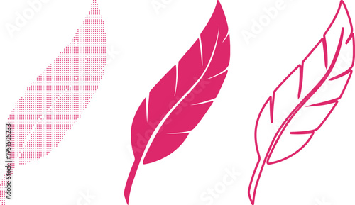 Three Feather Icons In Pink Dot Fill Solid Silhouette and Outline Styles quill writing