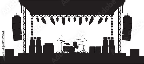 Black silhouette of a concert stage with drum set and speakers