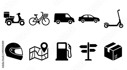 A set of black icons depicting various modes of transportation and delivery on a white background, including scooters, bicycles, cars, vans, and logistics symbols.