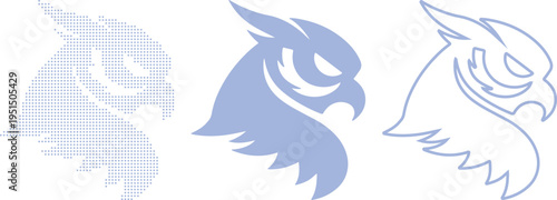 Three light blue owl icons in different styles on white background Keywords: owl, icon, symbol, logo, graphic