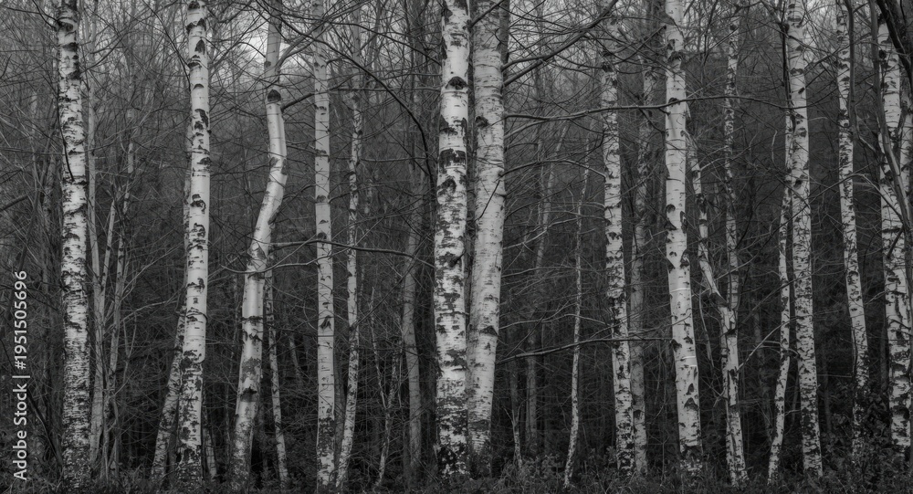 Fototapeta premium Monochrome forest scene highlighting white birch trees with distinctive bark patterns
