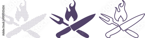 Three Styles of Crossed Barbecue Utensils with Flames in Purple vector illustration