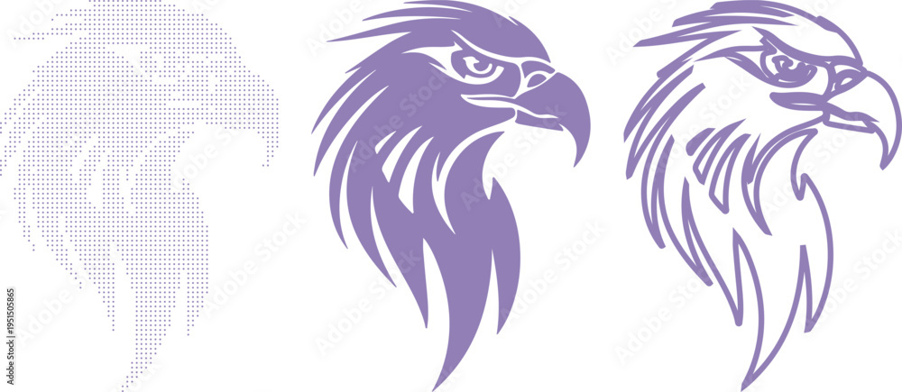 Fototapeta premium Three stylized eagle head emblems in purple with dotted patterns and outlines logo symbol