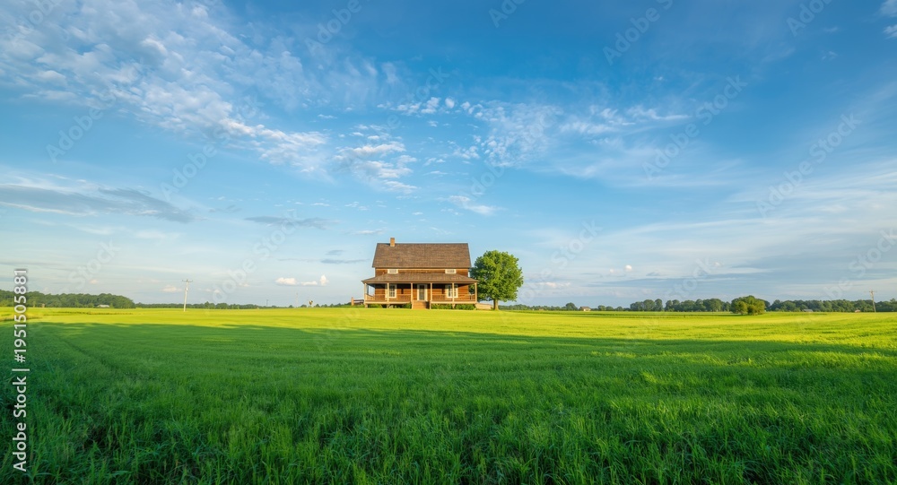 Fototapeta premium Peaceful village farmhouse amid green fields under a vivid blue sky