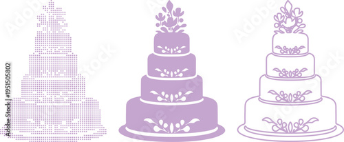 Three Styles of Purple Tiered Cakes with Decorations vector