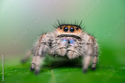 Jumping Spider (Phidippus regius) standing on green leaf facing camera in natural outdoor environment