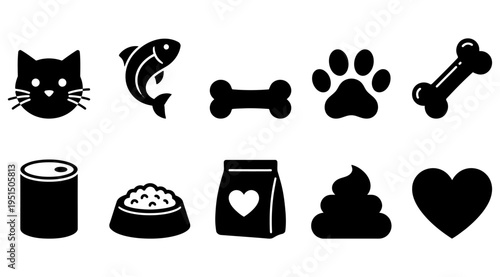 a collection of black icons representing pets and pet care on a white background, including a cat, fish, dog bone, paw print, dog treat, food can, bowl, bag, and heart