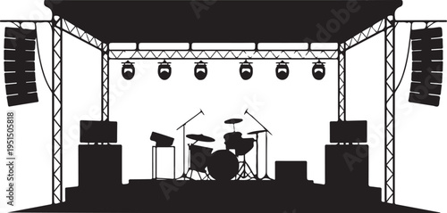 Black silhouette of a drum kit on a concert stage with speakers 1