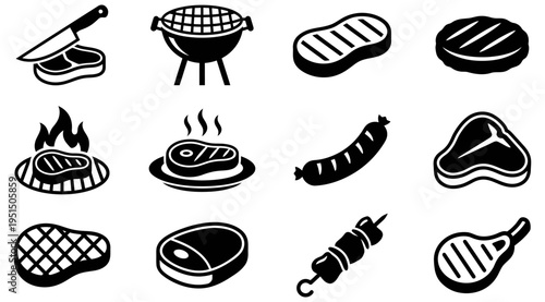 A collection of black and white icons featuring various grilled meats and barbecue tools, perfect for use in food, cooking, or lifestyle related marketing and advertising materials.
