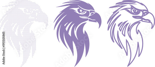 Three stylized eagle head emblems in purple with dotted patterns and outlines logo symbol