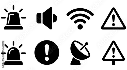 a collection of black icons representing warning signs, communication symbols, and alert notifications on a plain white background, suitable for use in digital interfaces, alerts, and notifications