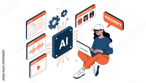 Young woman using laptop to generate AI content with isometric interface icons for chat, audio, video, and art creation.eps