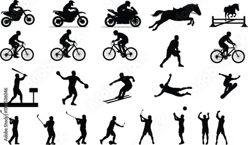 Sports silhouette collection featuring athletes cycling, motorbike racing, horse jumping, skiing, golfing, baseball, football, volleyball, snowboarding action icons set