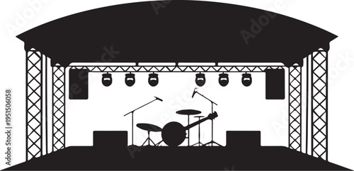 Black silhouette of a drum kit on a stage with lights and speakers