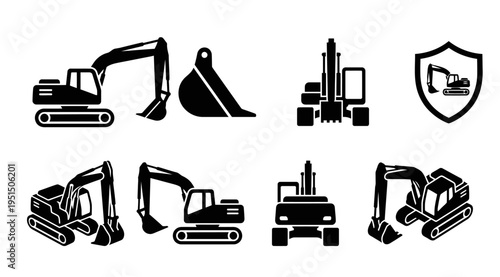 A set of black and white icons featuring various construction vehicles and equipment, including excavators and trucks, often used for industrial or safety themes.